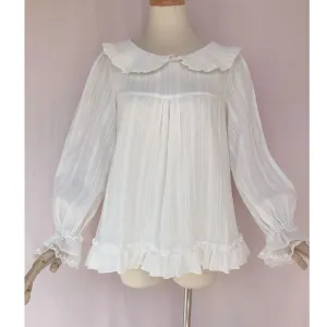 2019 Women's Lolita Cotton Blouse Pink Peter Pan Collar Ruffled Top