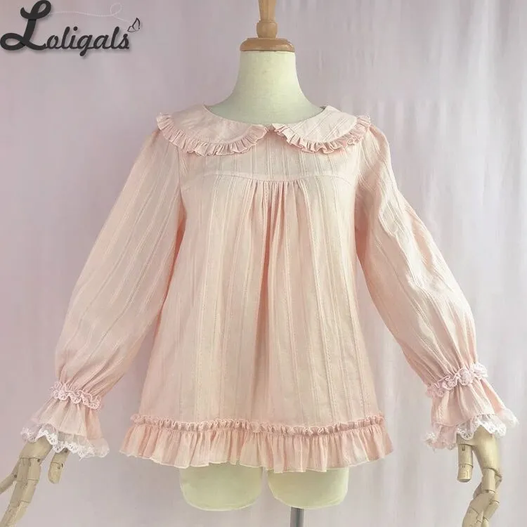 2019 Women's Lolita Cotton Blouse Pink Peter Pan Collar Ruffled Top