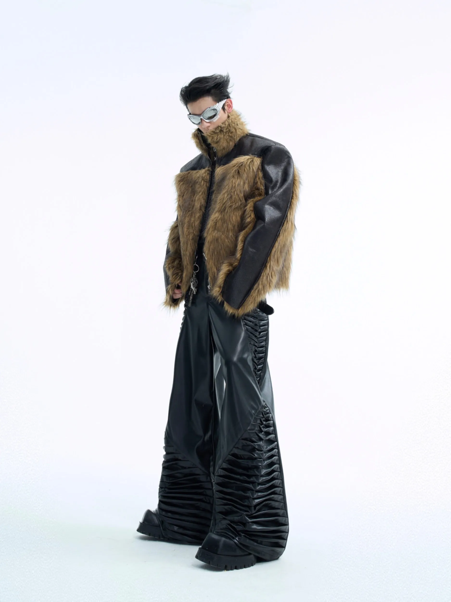 【24s Nov】Snake Print Leather Patchwork Fur Jacket