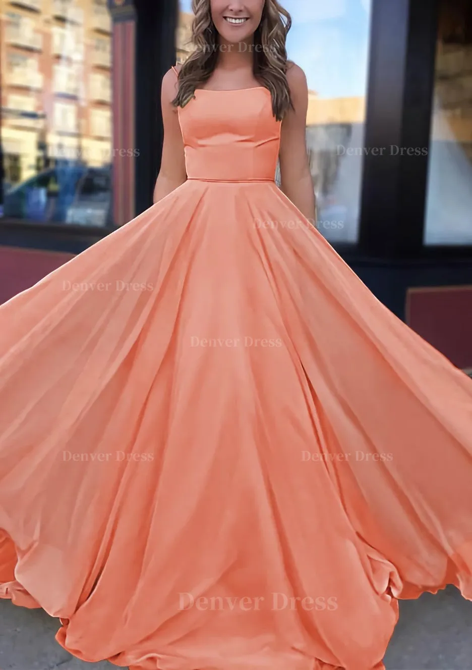 A-line Bateau Spaghetti Straps Sweep Train Chiffon Prom Dress