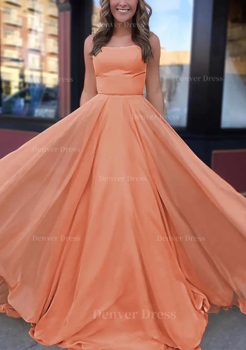 A-line Bateau Spaghetti Straps Sweep Train Chiffon Prom Dress