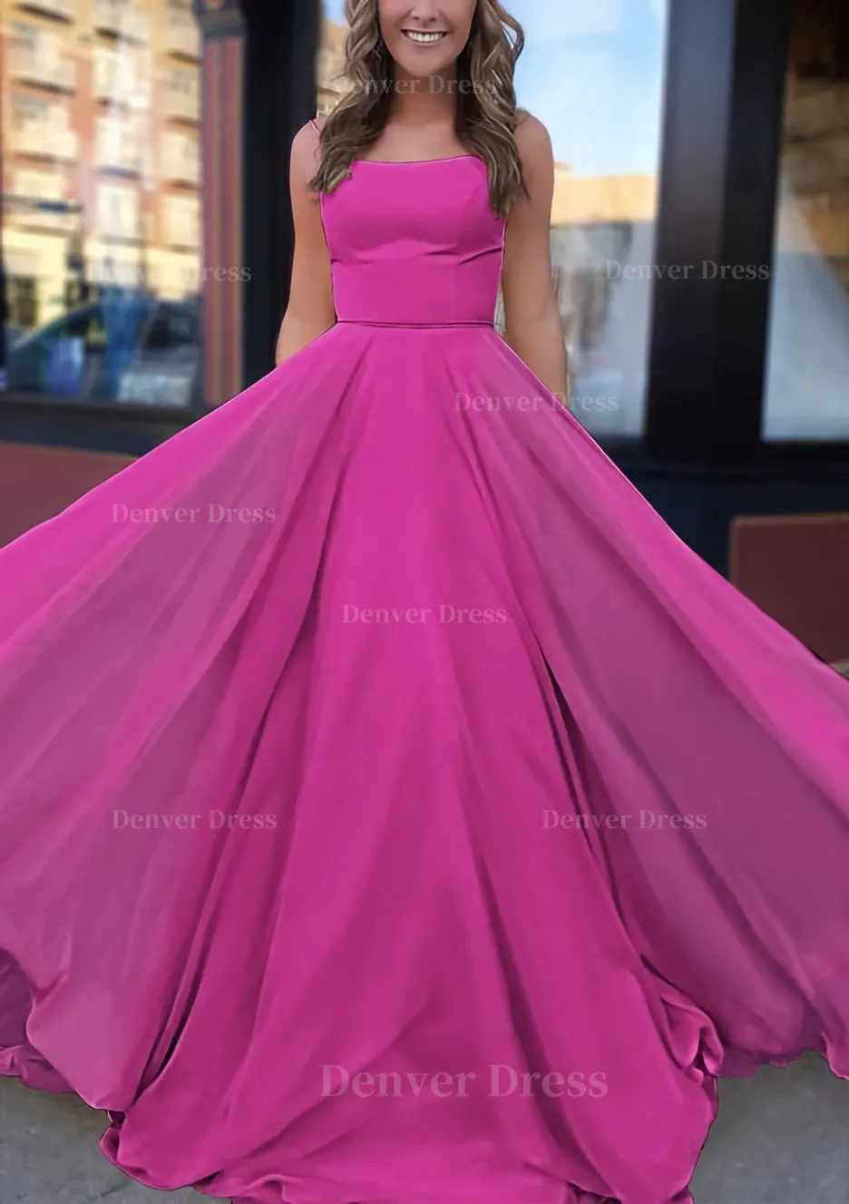 A-line Bateau Spaghetti Straps Sweep Train Chiffon Prom Dress