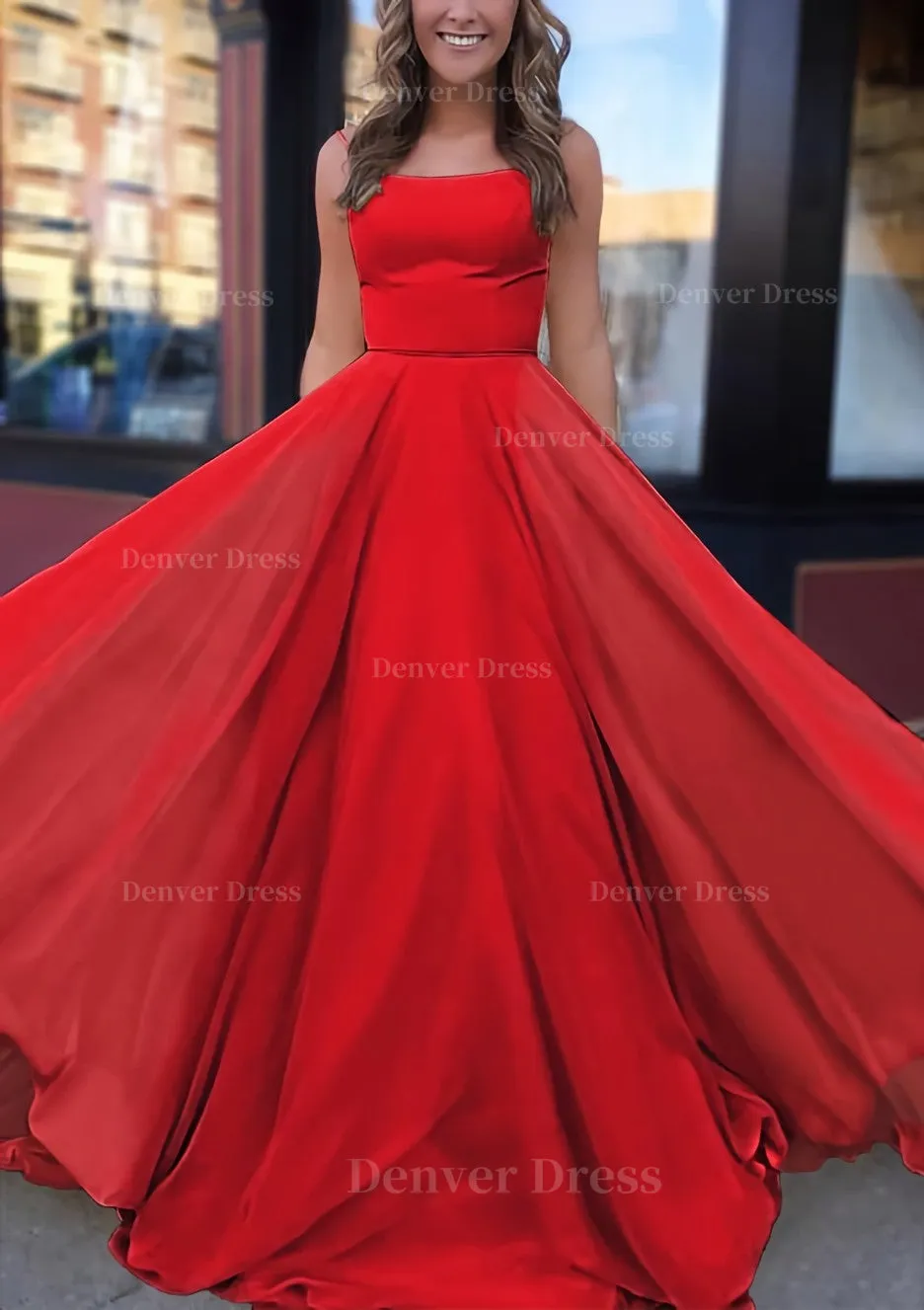 A-line Bateau Spaghetti Straps Sweep Train Chiffon Prom Dress