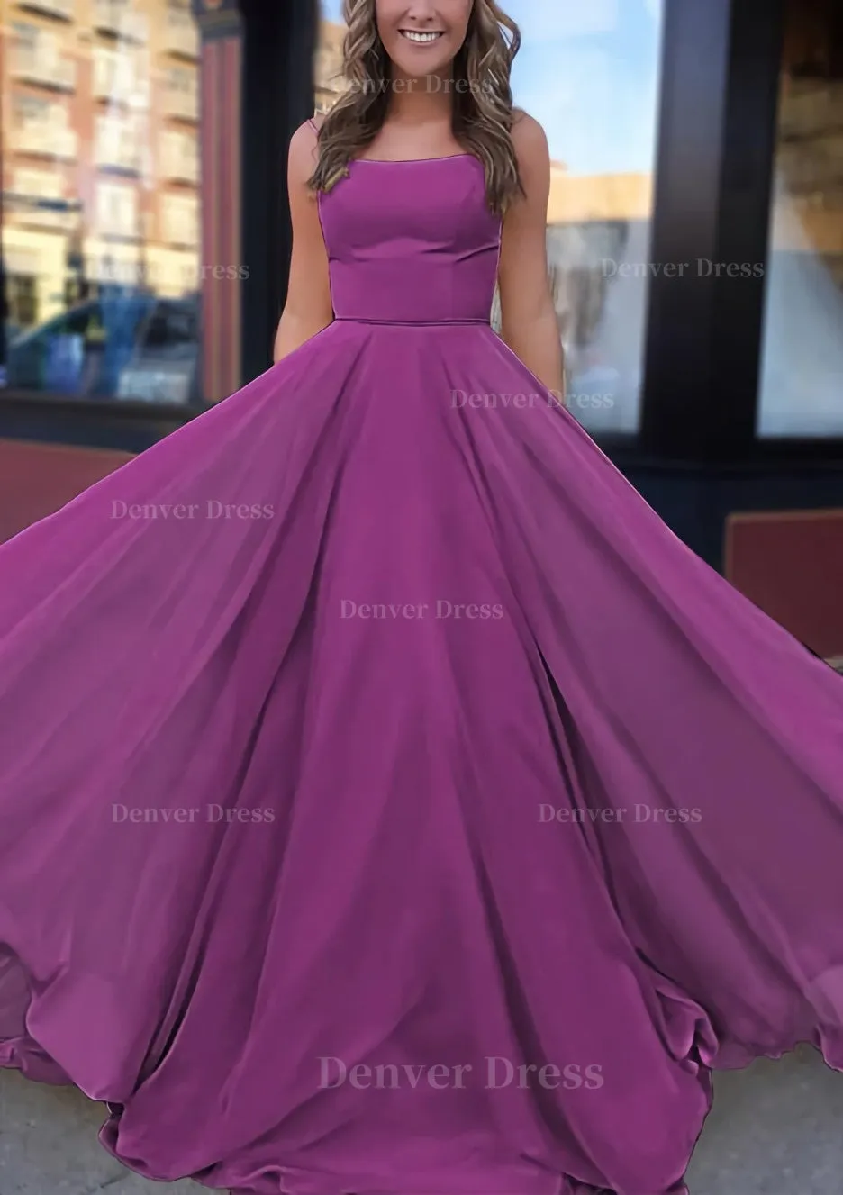 A-line Bateau Spaghetti Straps Sweep Train Chiffon Prom Dress