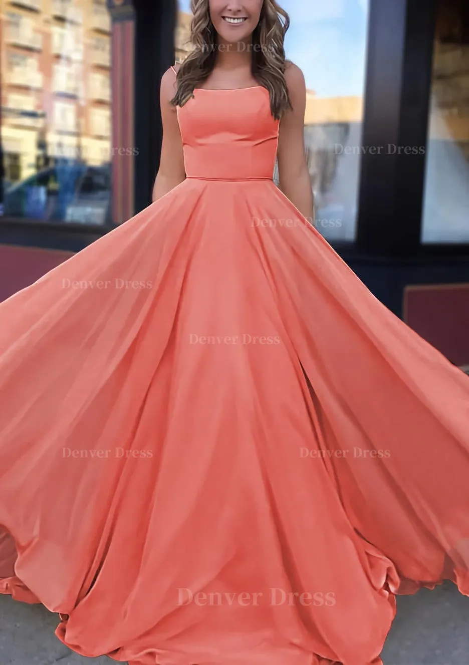 A-line Bateau Spaghetti Straps Sweep Train Chiffon Prom Dress