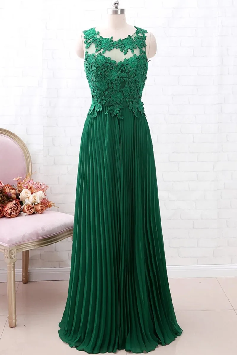 A Line Round Neck Green Lace Long Prom Dress Bridesmaid Dress, Open Back Lace Green Formal Dress, Green Lace Evening Dress