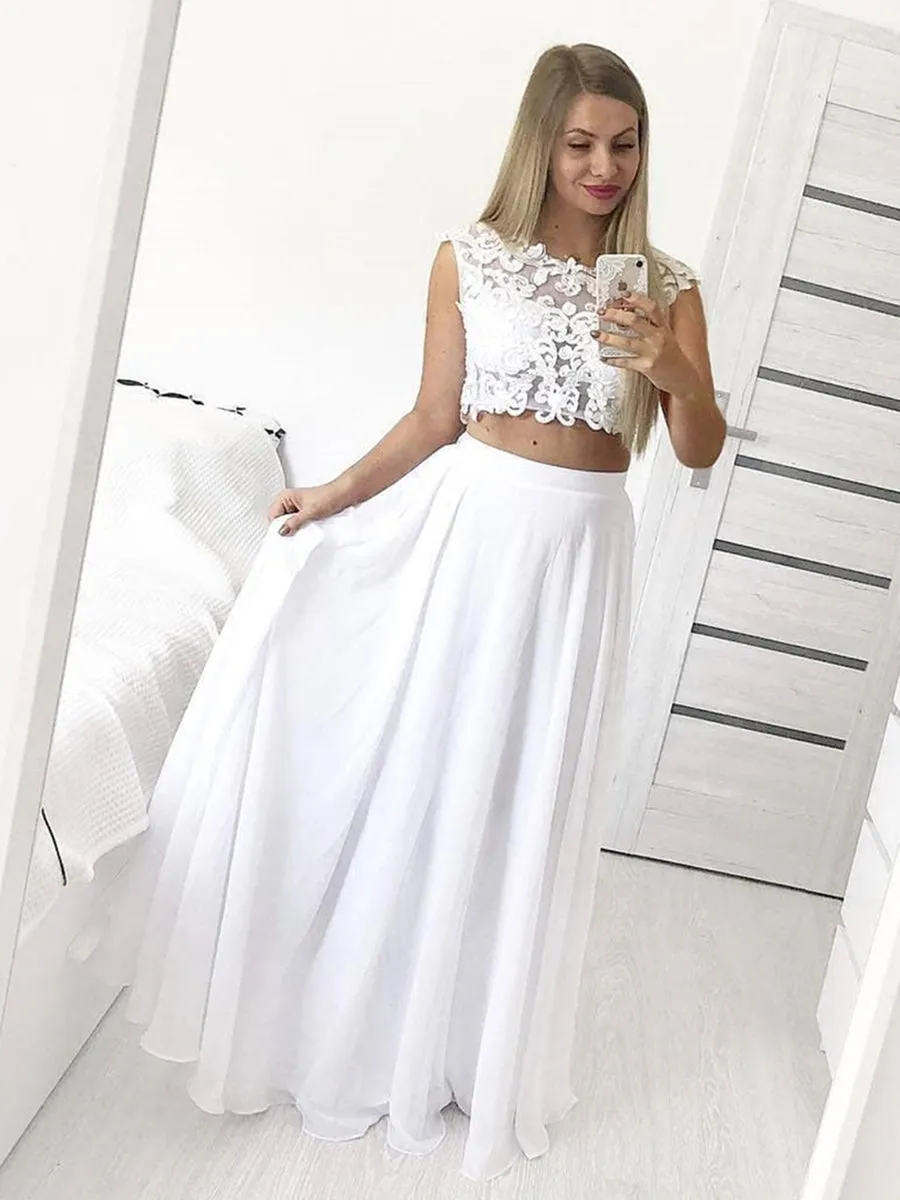 A Line Round Neck Two Pieces Lace White Prom, Round Neck Two Pieces Lace White Formal Graduation Evening, 2 Pieces White Lace Bridesmaid