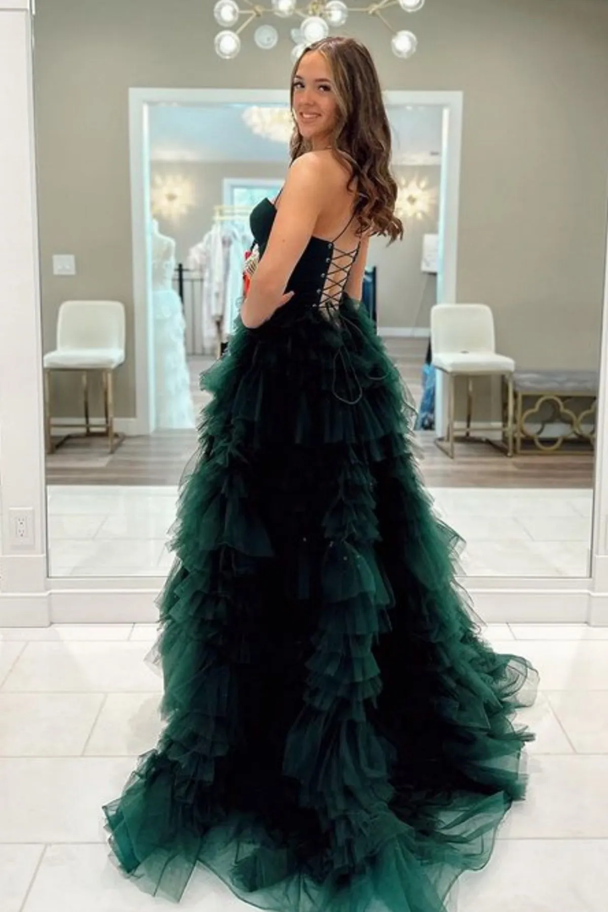 A Line Sweetheart Neck Open Back Dark Green Tulle Long Prom Dress with High Slit, Fluffy Dark Green Formal Graduation Evening Dress A2133