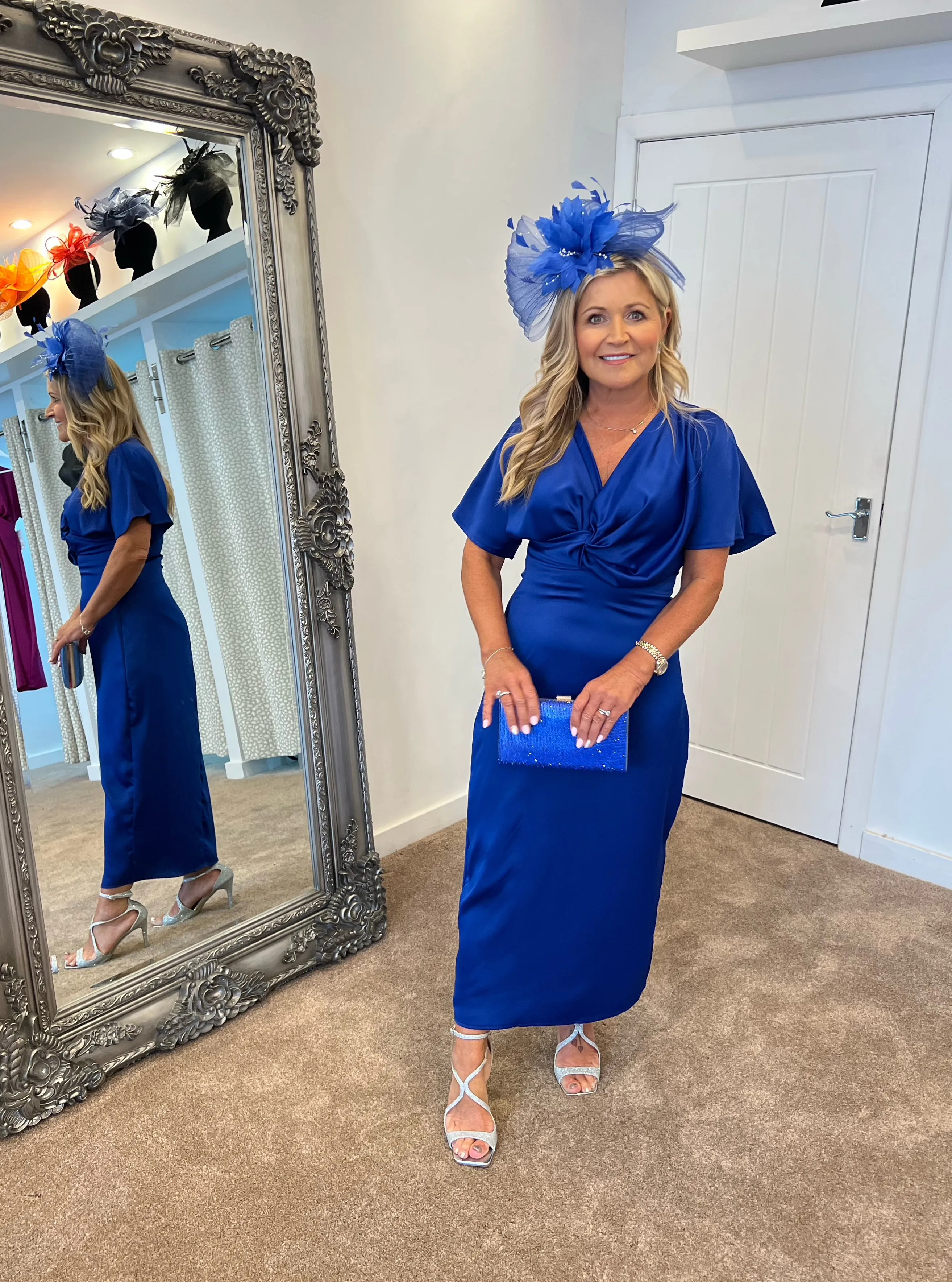 Angel sleeve satin twist midi dress royal blue