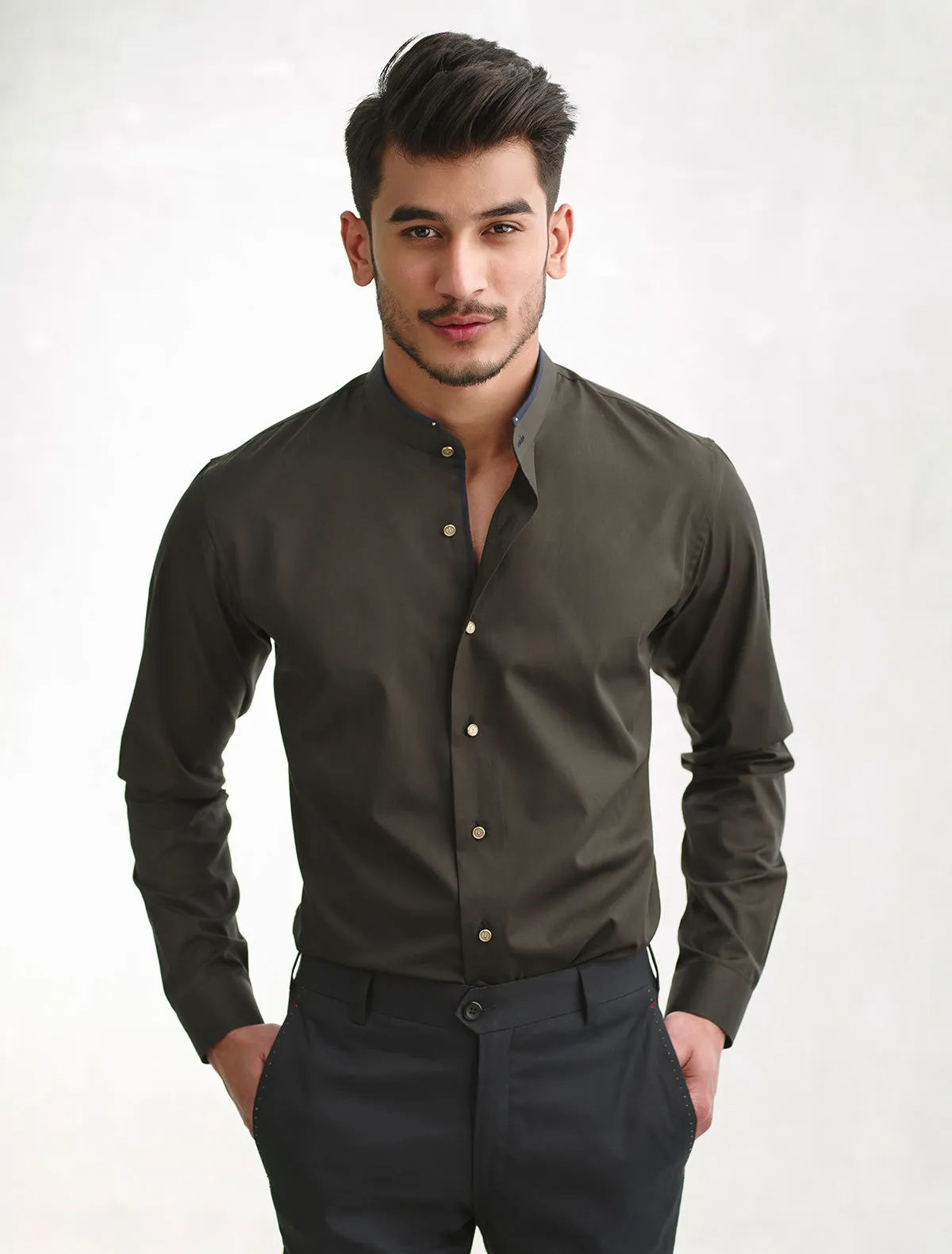 ARMY GREEN - MANDARIN COLLAR SHIRT