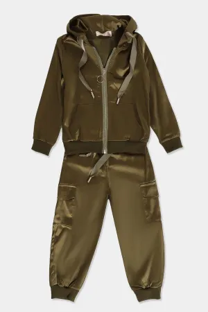 Army Green Satin Kids Utility Tracksuit