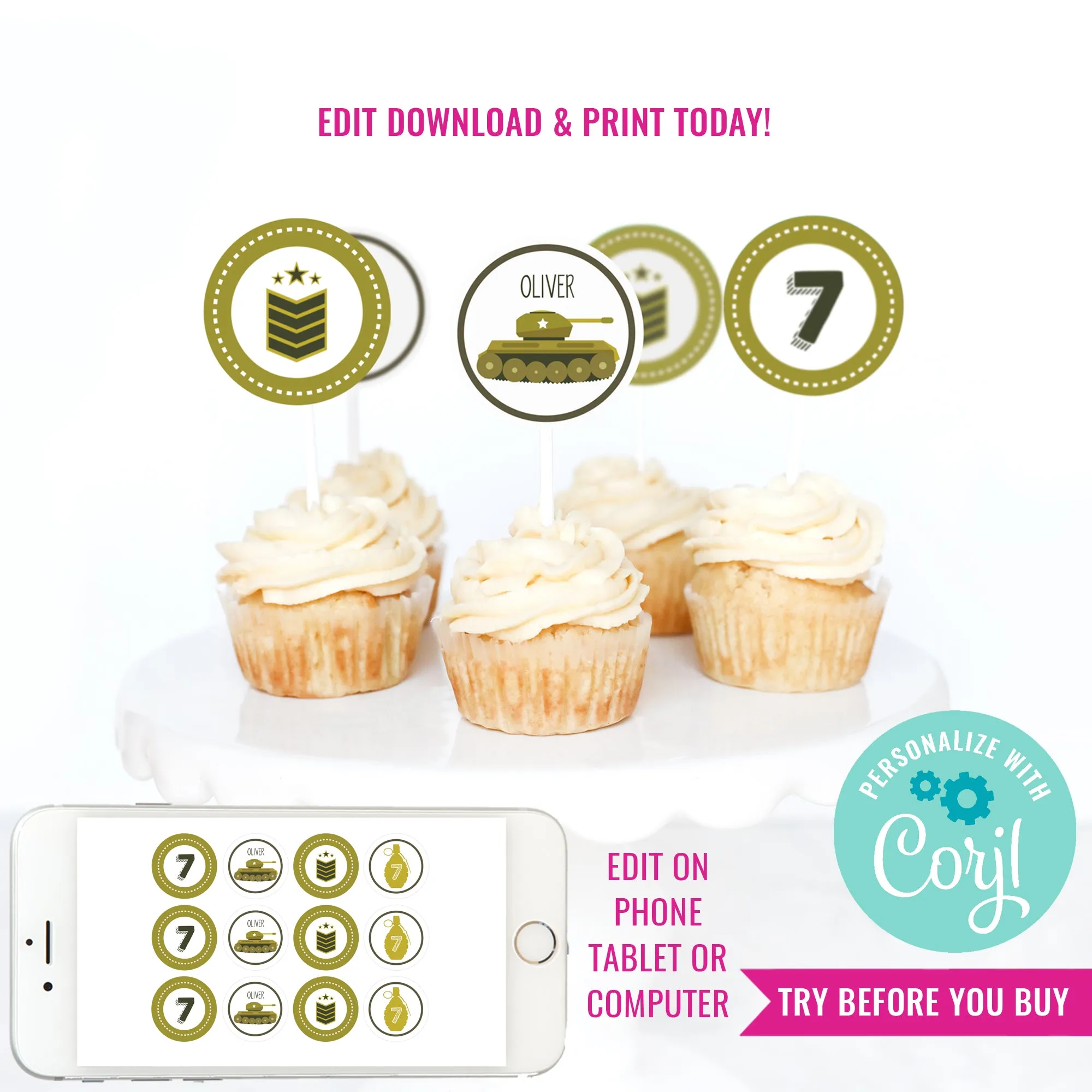 Army Tank Birthday Party Cupcake Toppers | Modern Army Party Toppers