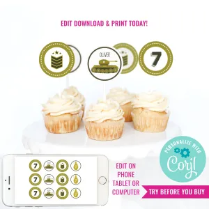 Army Tank Birthday Party Cupcake Toppers | Modern Army Party Toppers