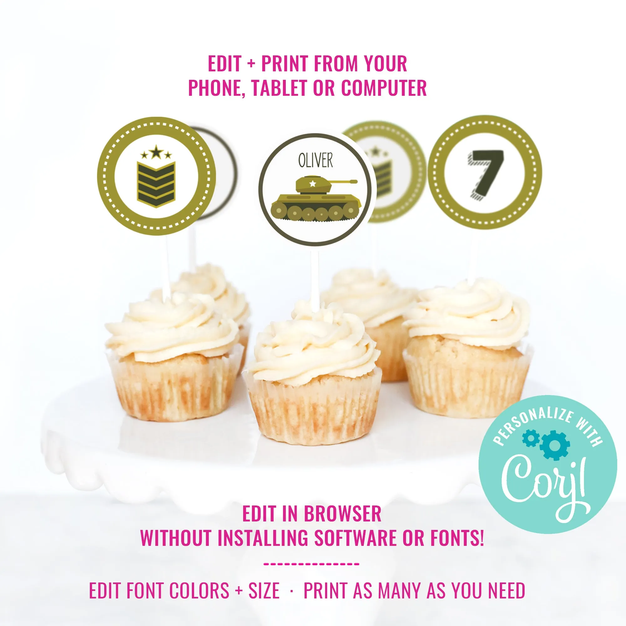 Army Tank Birthday Party Cupcake Toppers | Modern Army Party Toppers