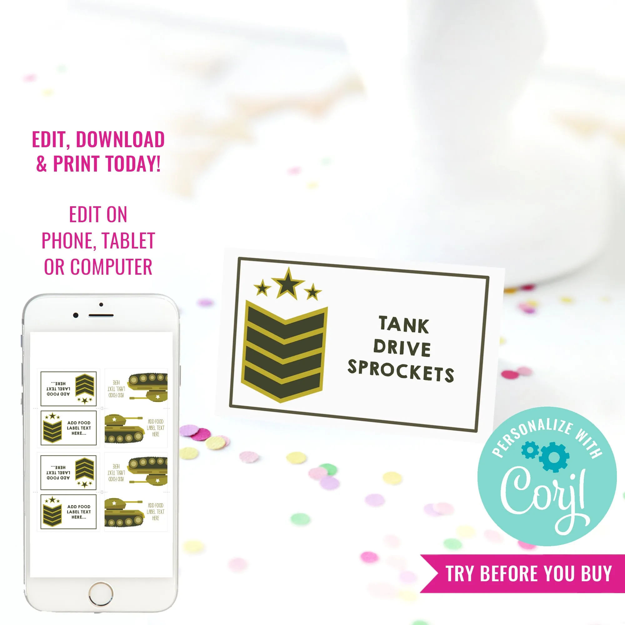 Army Tank Birthday Party Food Labels | Modern Army Party Tent Card Labels