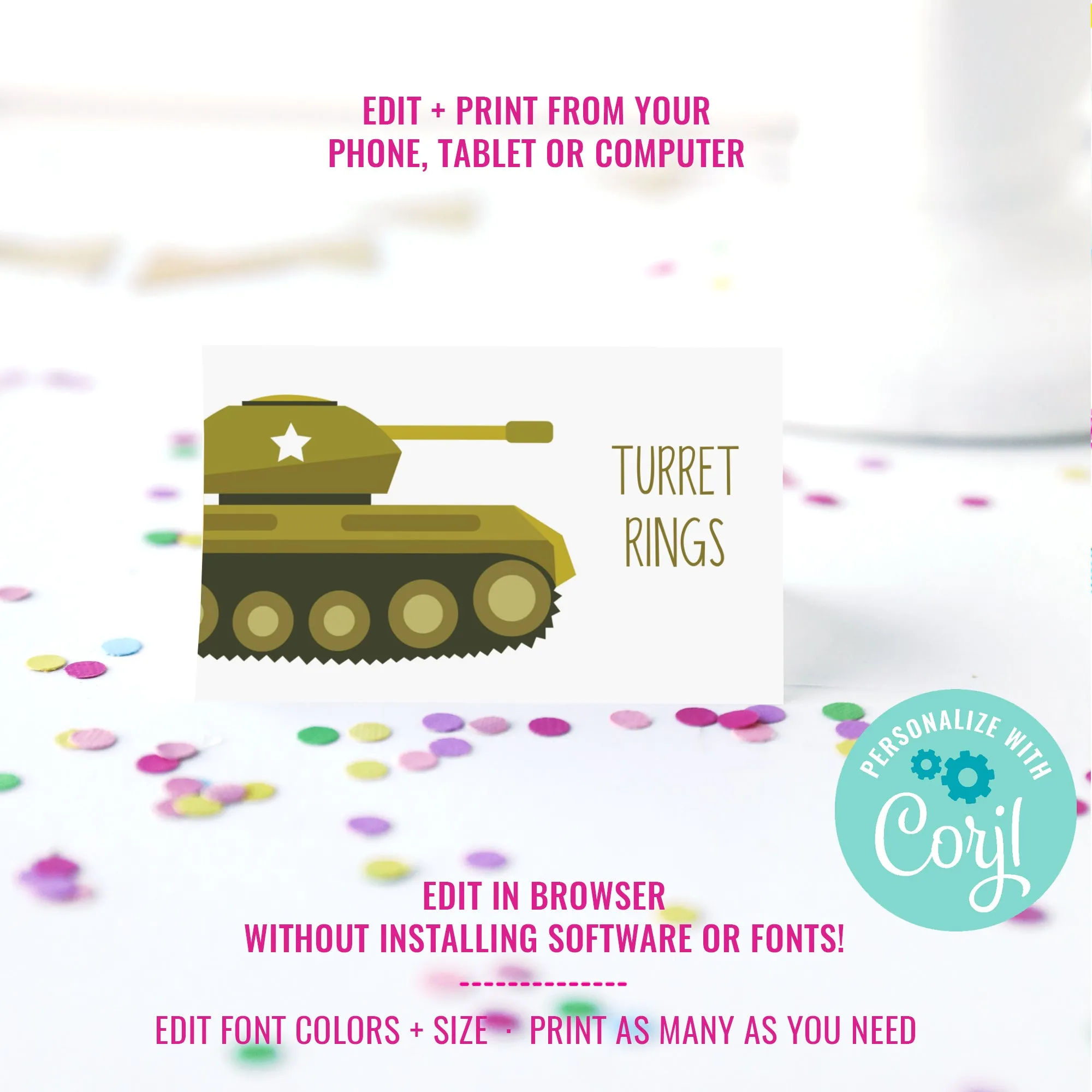 Army Tank Birthday Party Food Labels | Modern Army Party Tent Card Labels