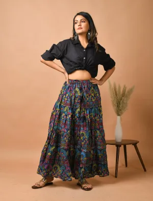 Blue Floral Flared Cotton Skirt