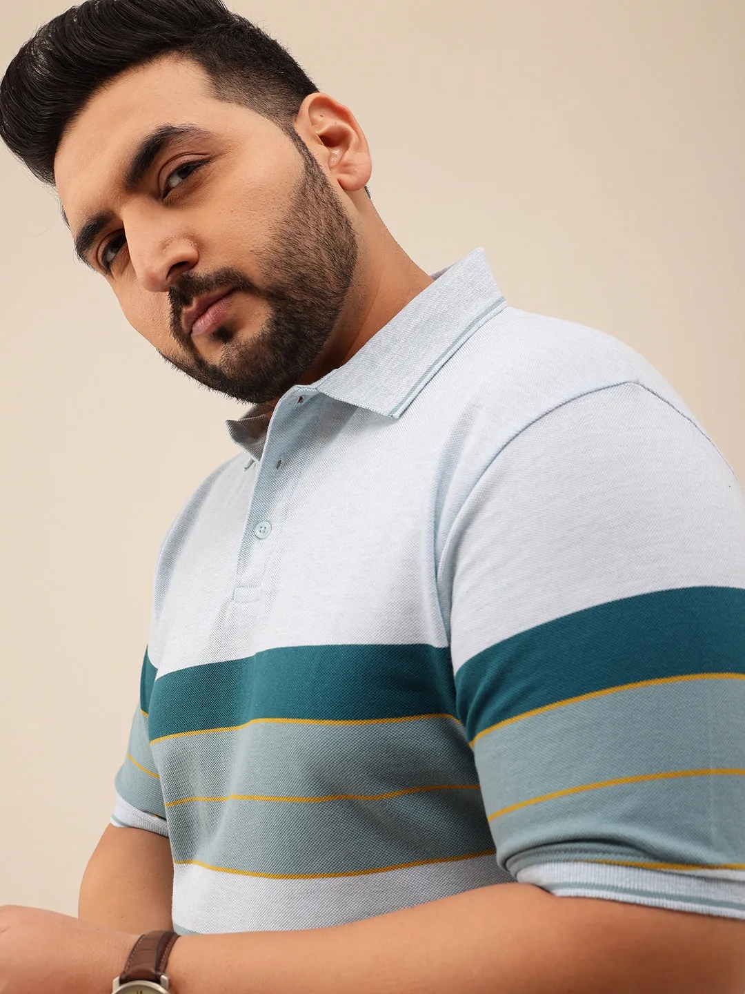 Blue Melange Golden Stripe Polo T-shirt