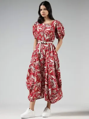 Bombay Paisley Red Floral Printed Cotton Dress with Braided Belt