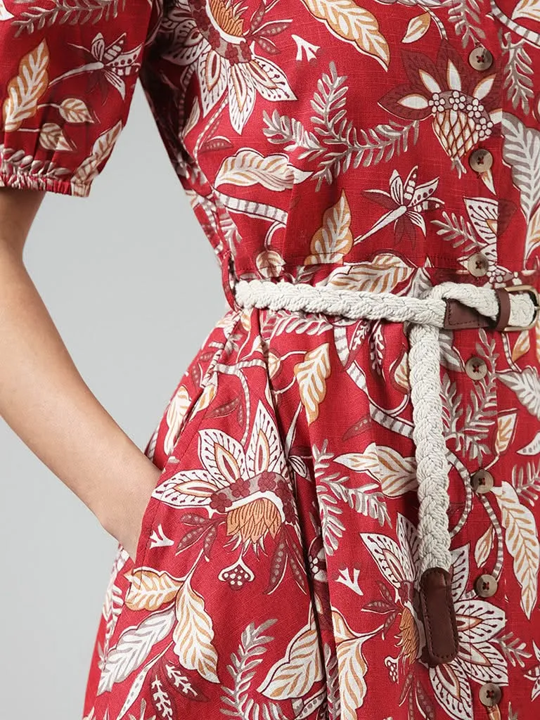 Bombay Paisley Red Floral Printed Cotton Dress with Braided Belt