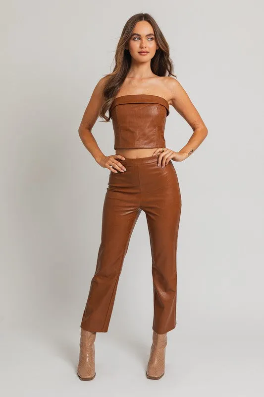 Brown Faux Leather Cropped Tube Top