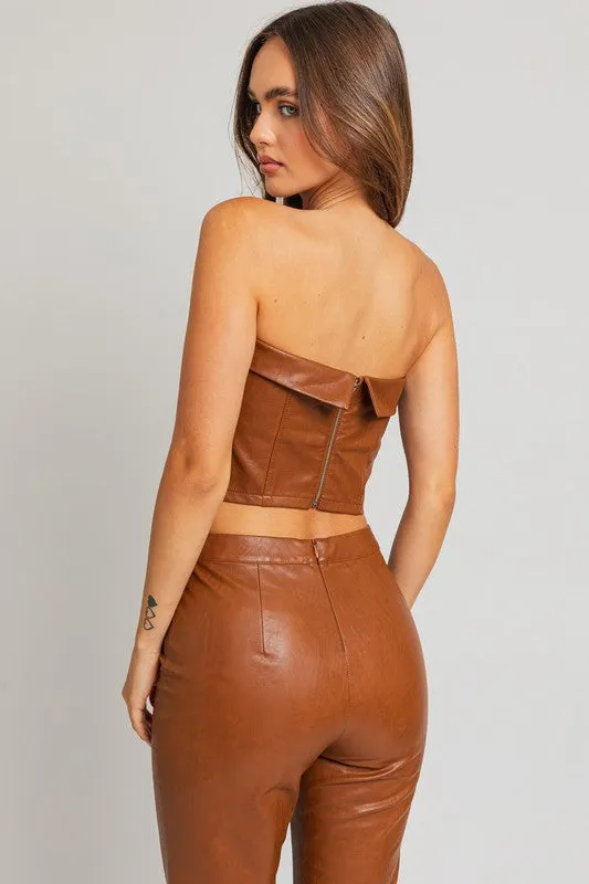 Brown Faux Leather Cropped Tube Top