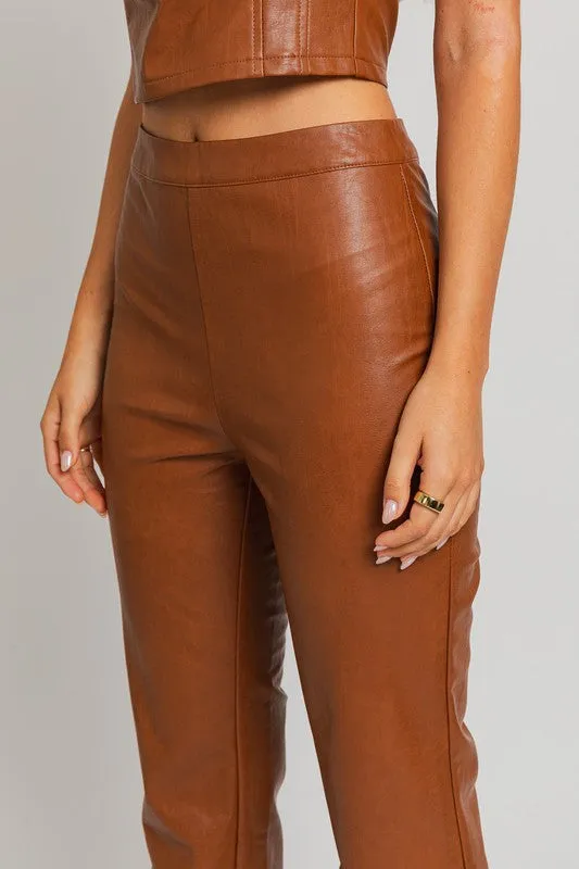 Brown Faux Leather Straight Pants