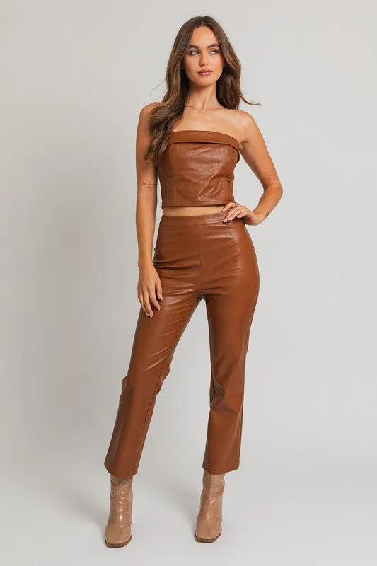 Brown Faux Leather Straight Pants