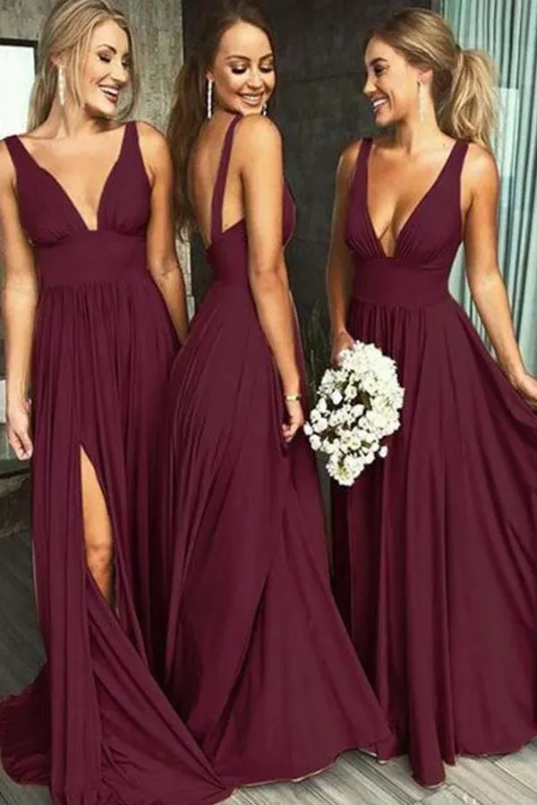 Burgundy A Line Side Split Bridesmaid Dress