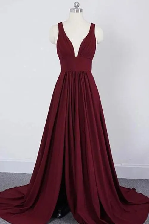 Burgundy A Line Side Split Bridesmaid Dress