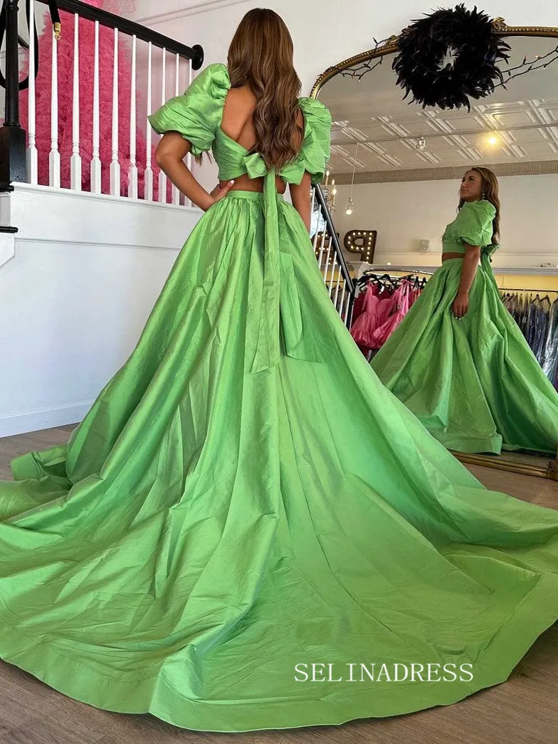 Chic Two Pieces Green Long Prom Dresses Elegant Puff Sleeve Cheap Evening Dress lpk123