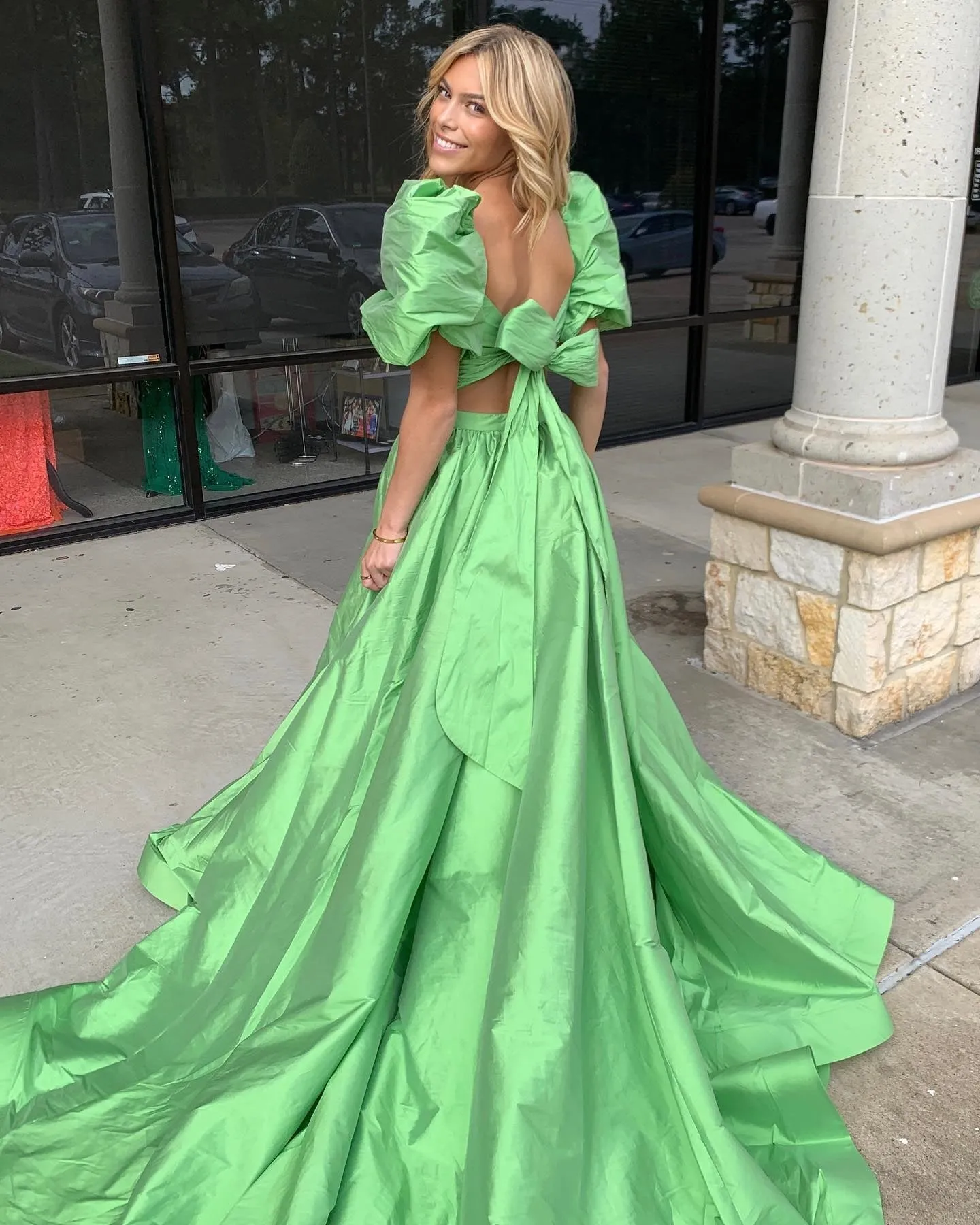 Chic Two Pieces Green Long Prom Dresses Elegant Puff Sleeve Cheap Evening Dress lpk123