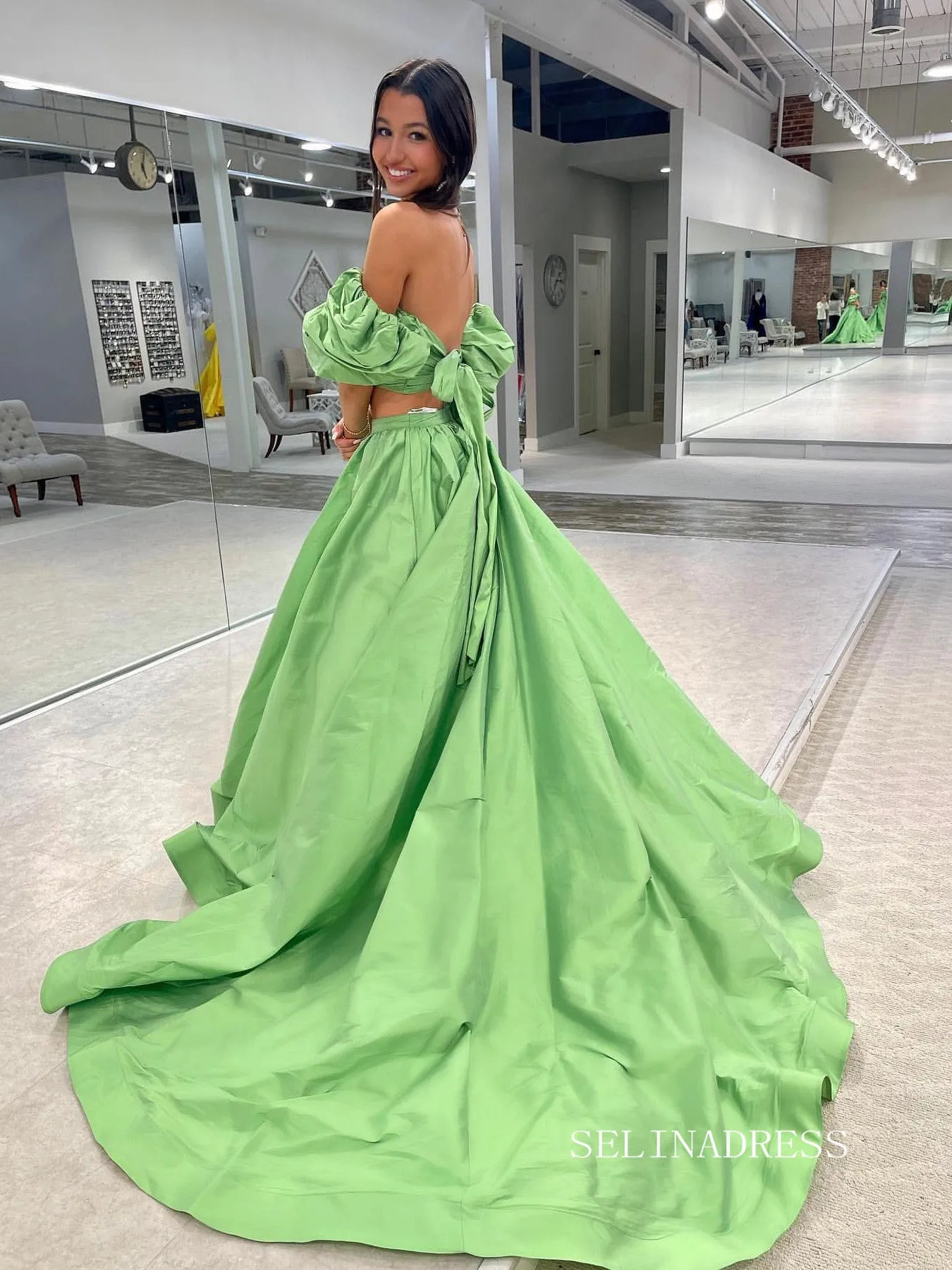 Chic Two Pieces Green Long Prom Dresses Elegant Puff Sleeve Cheap Evening Dress lpk123