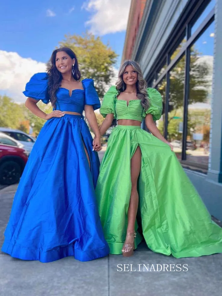 Chic Two Pieces Green Long Prom Dresses Elegant Puff Sleeve Cheap Evening Dress lpk123