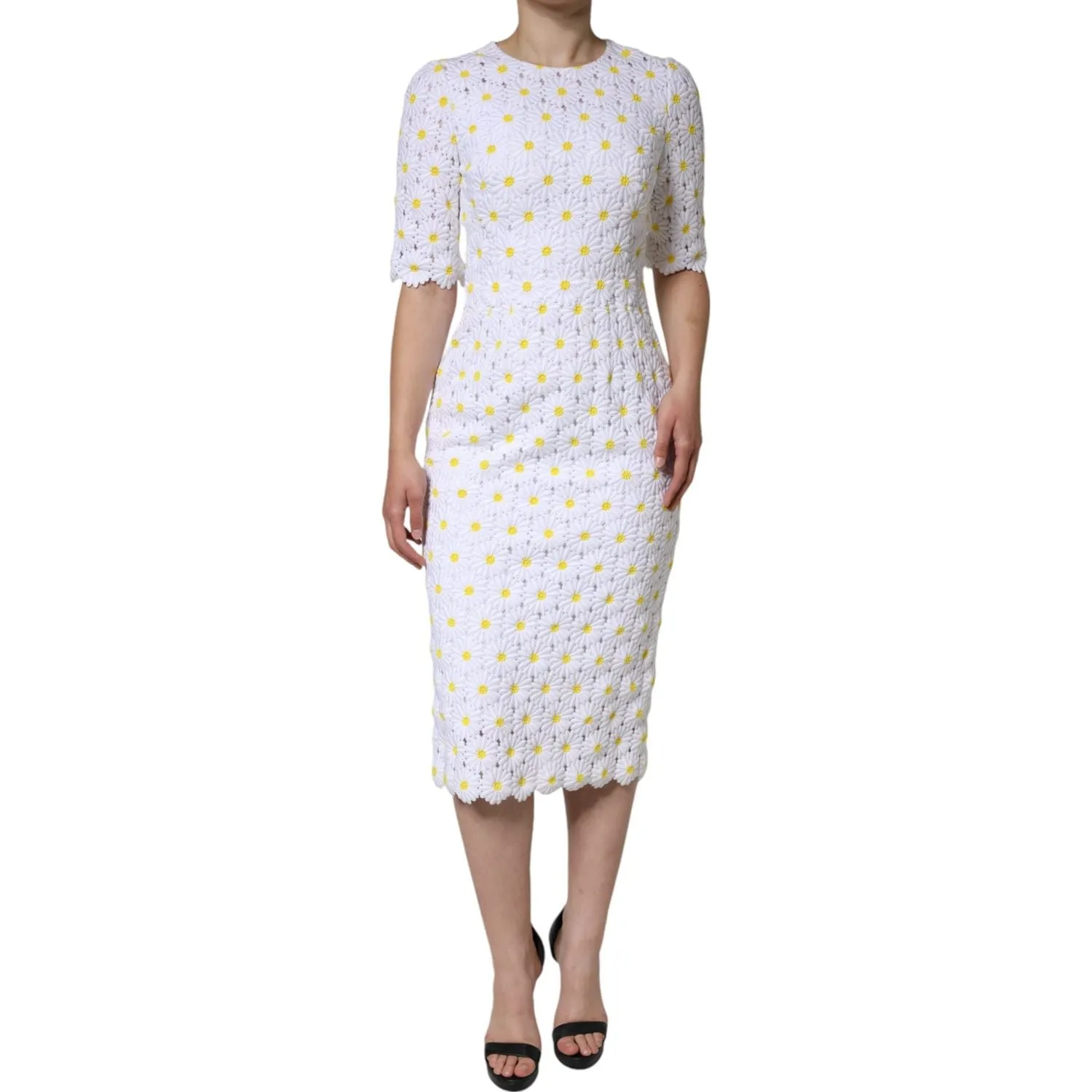 Dolce & Gabbana White Daisy Macrame Lace Sheath Midi Dress