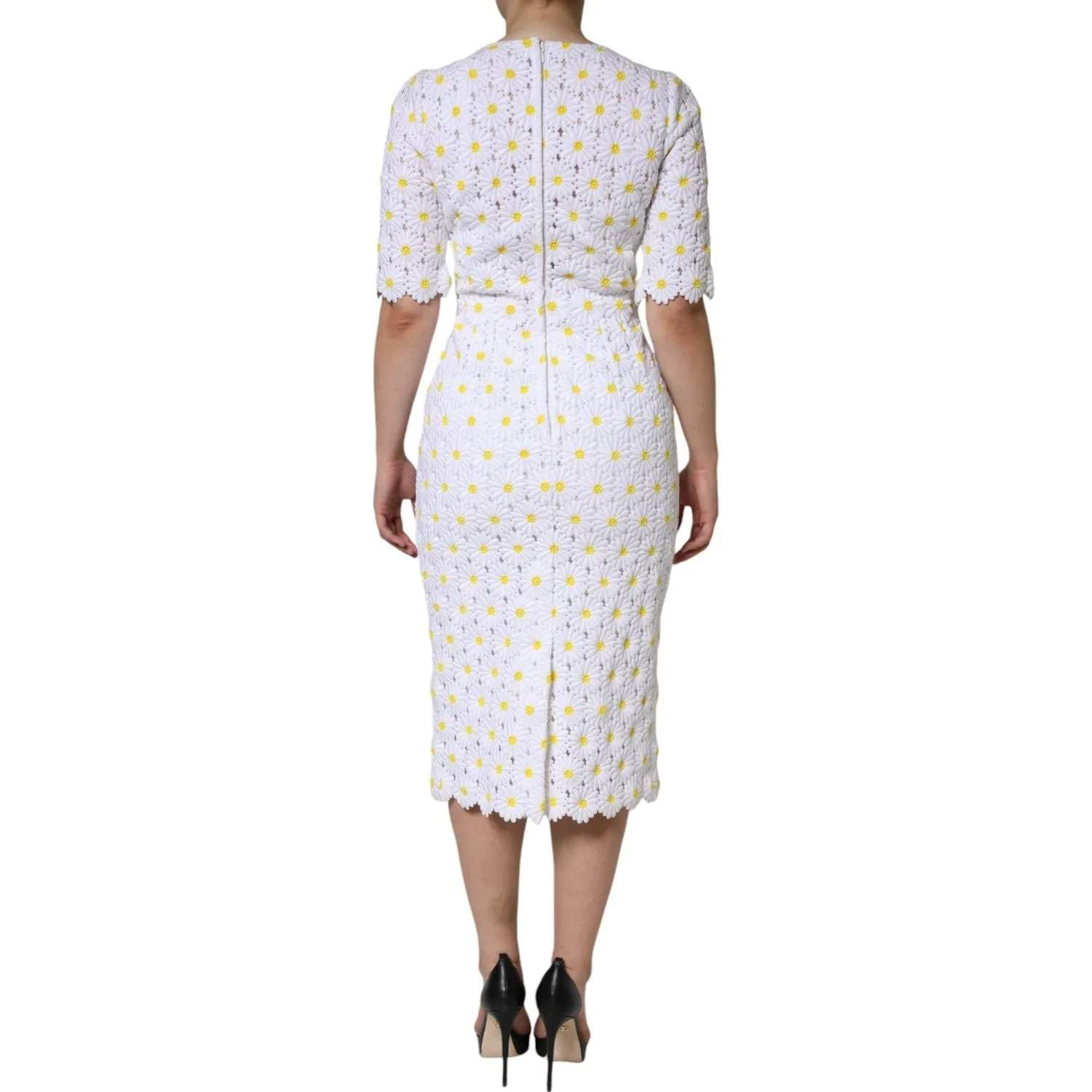 Dolce & Gabbana White Daisy Macrame Lace Sheath Midi Dress