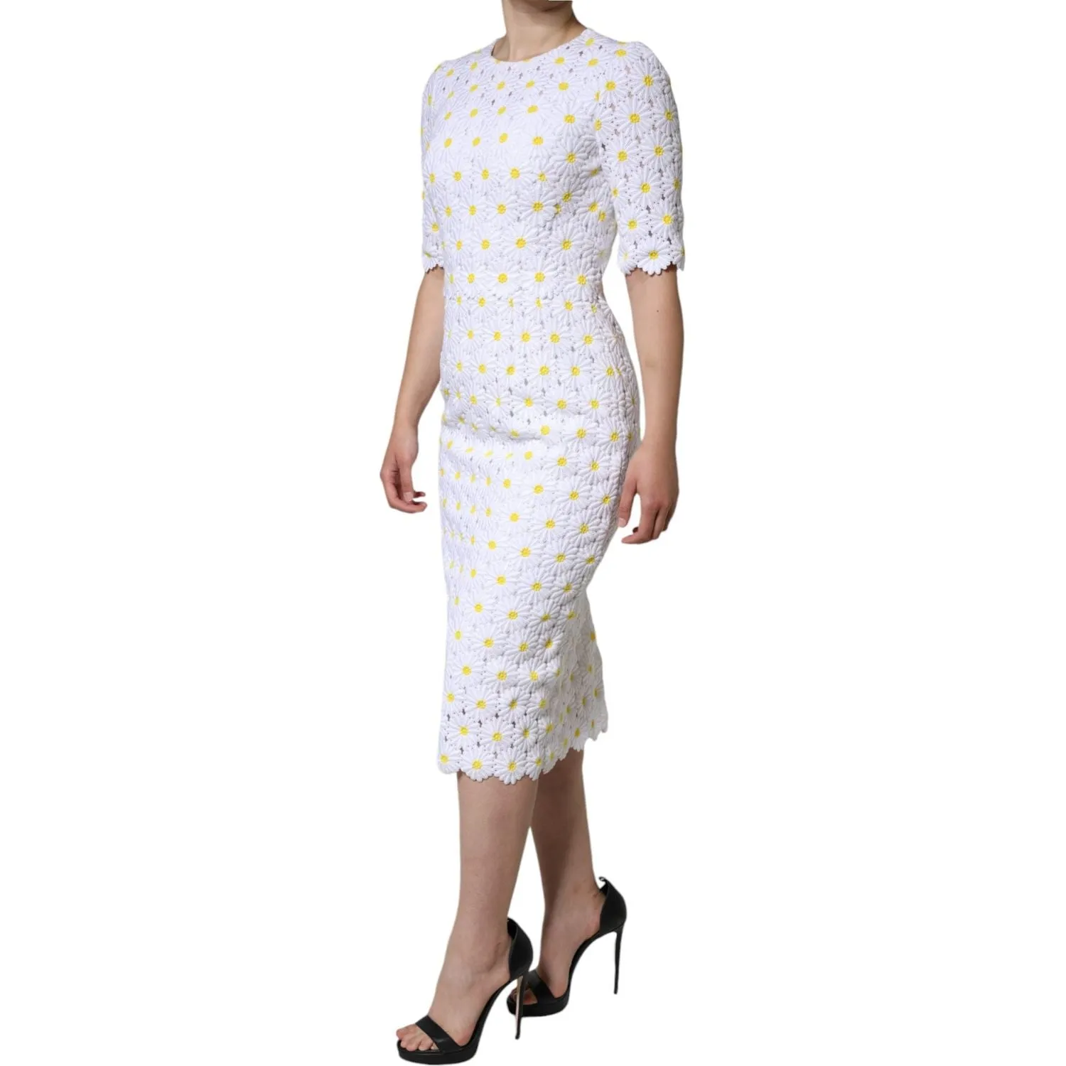 Dolce & Gabbana White Daisy Macrame Lace Sheath Midi Dress