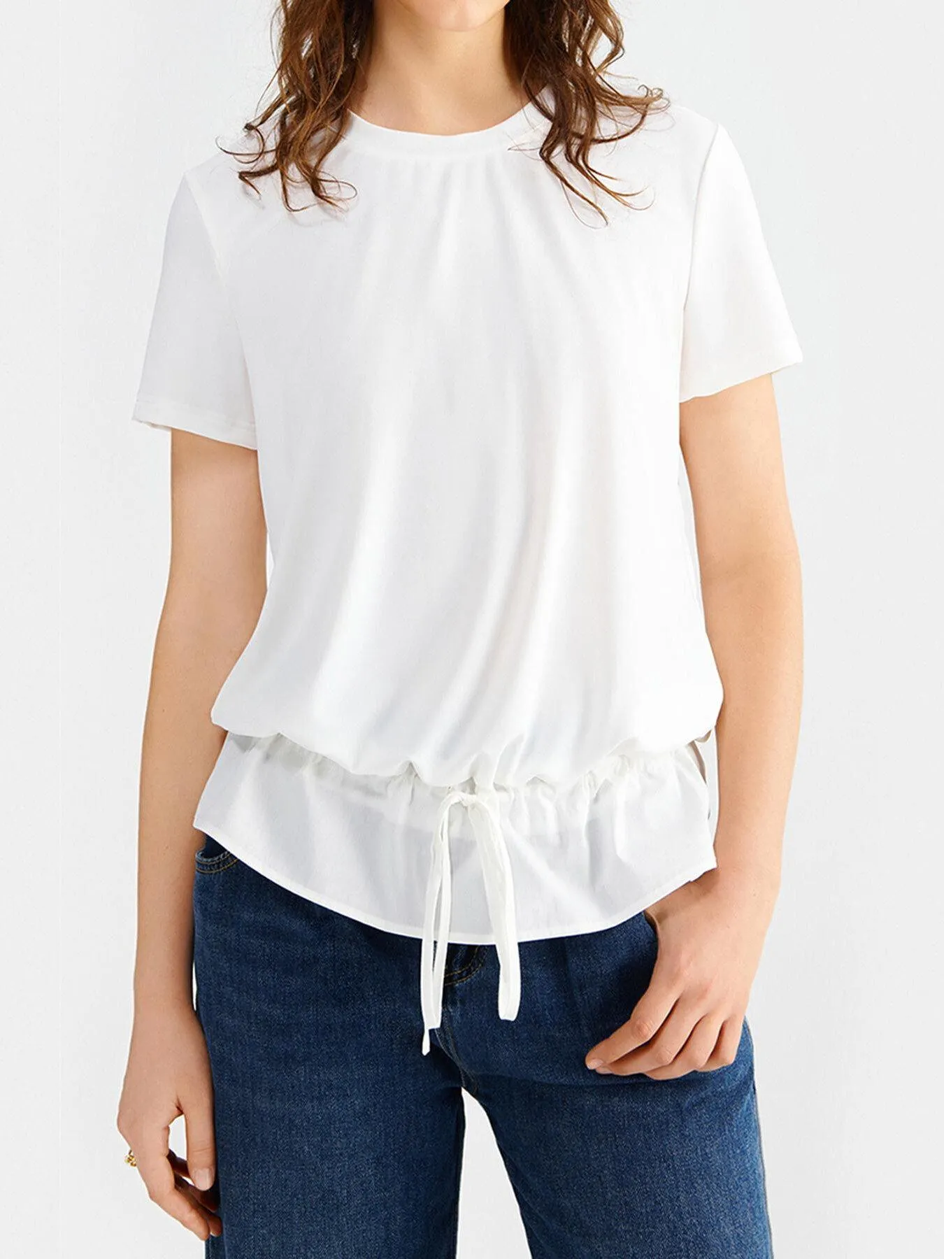 Drawstring Tie Front Ruffle Hem Top