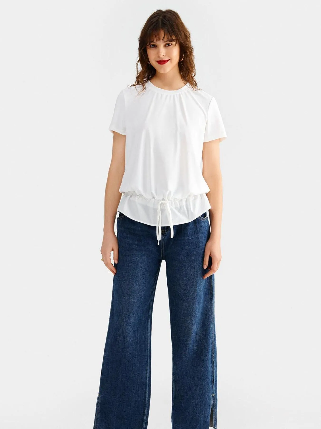 Drawstring Tie Front Ruffle Hem Top