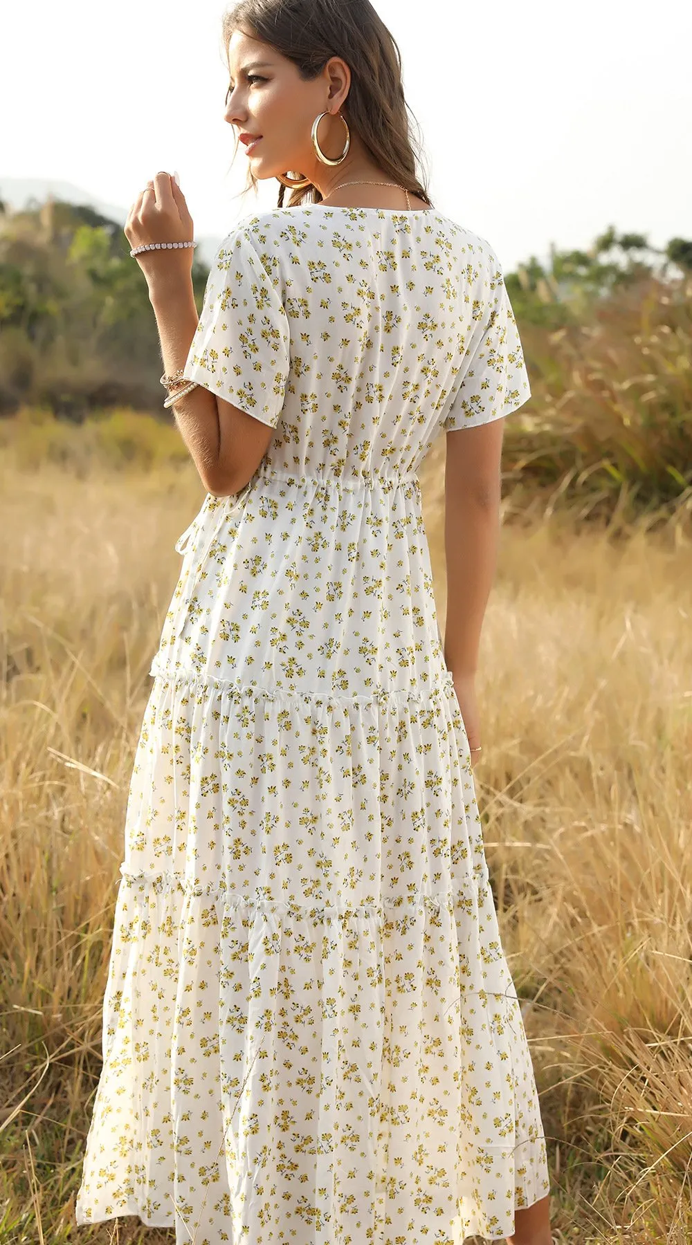 Female Bohemian Lotus Leaf Floral V Collar Dress Skirt