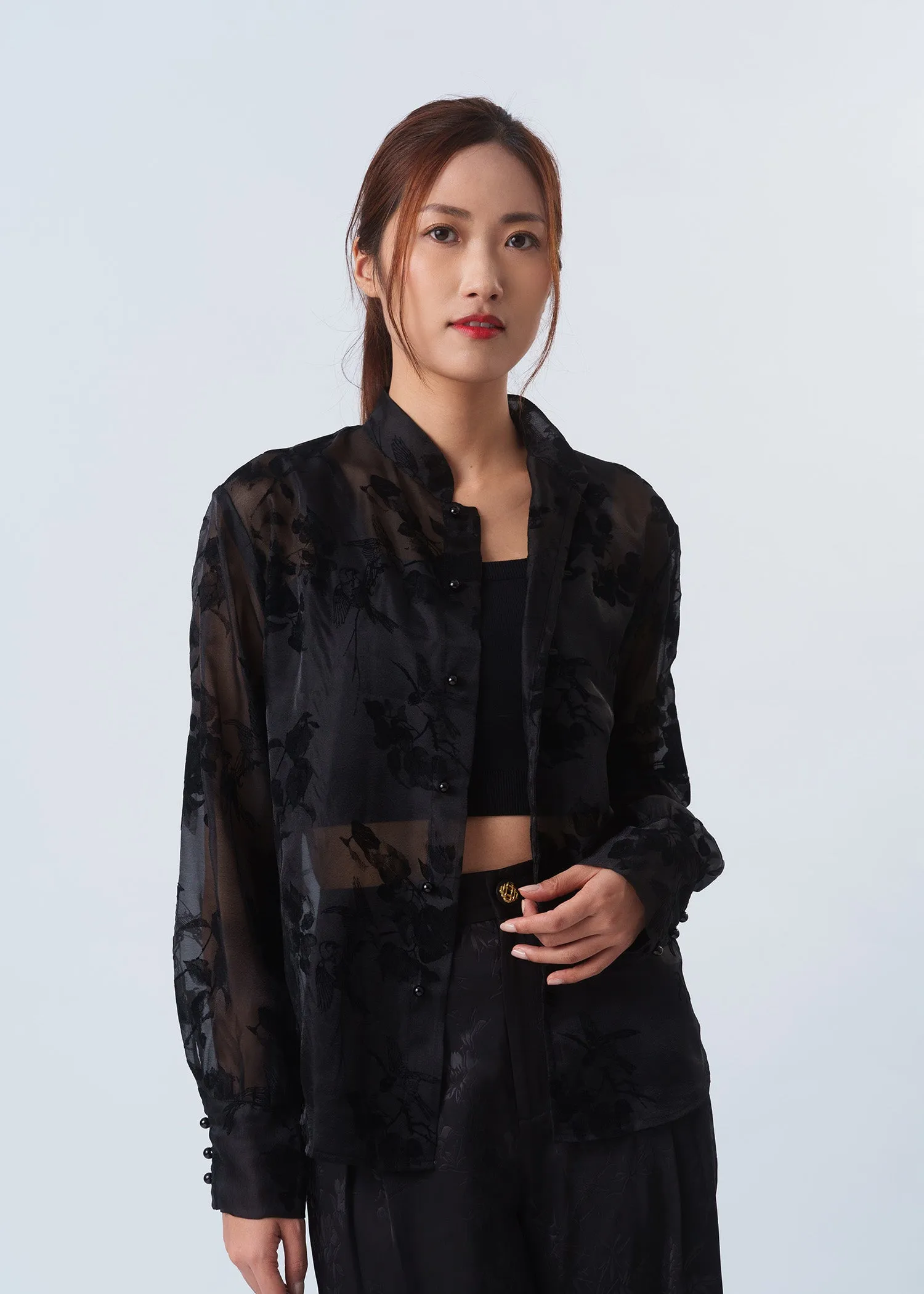 Floral Print Sheer Tang Shirt (Black)