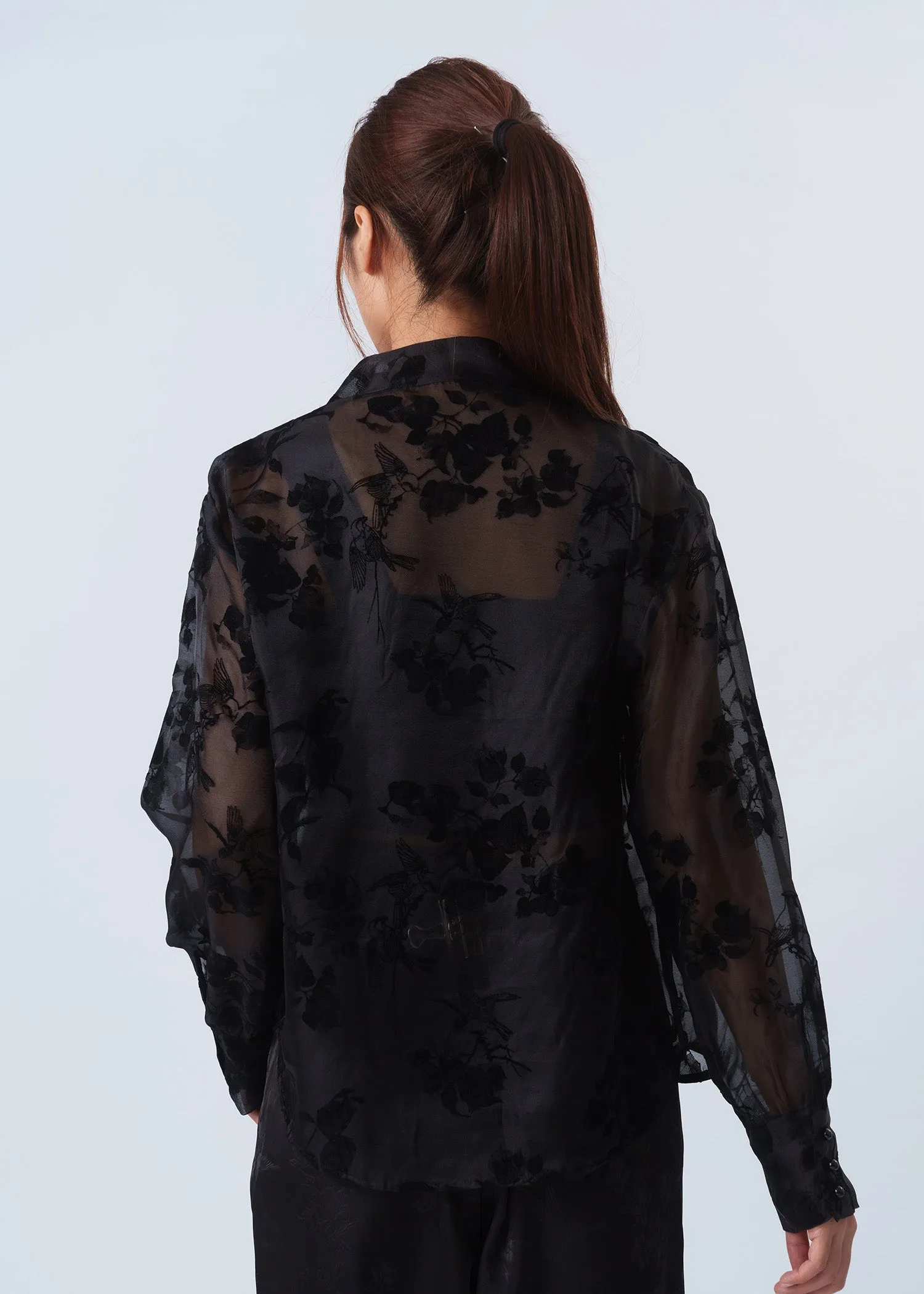 Floral Print Sheer Tang Shirt (Black)