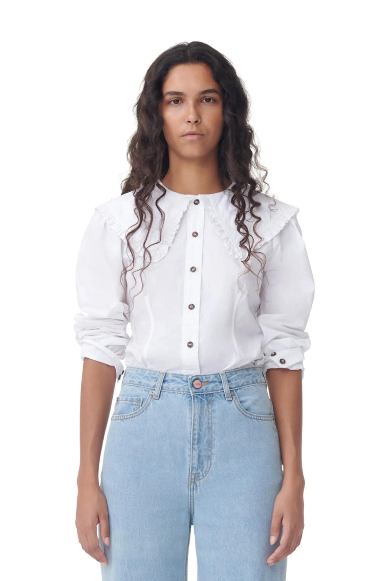 GANNI F5500 WHITE FRILL COLLAR POPLIN SHIRT