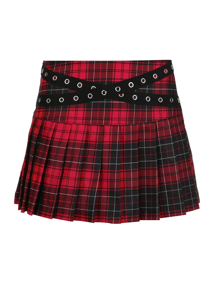 Girlary Woman Chiffon Mini Contrast Color Skirt With Belt Pleated Plaid Skirt Daily A-line Korean Skirt Streetwear Cute Preppy Style Gya