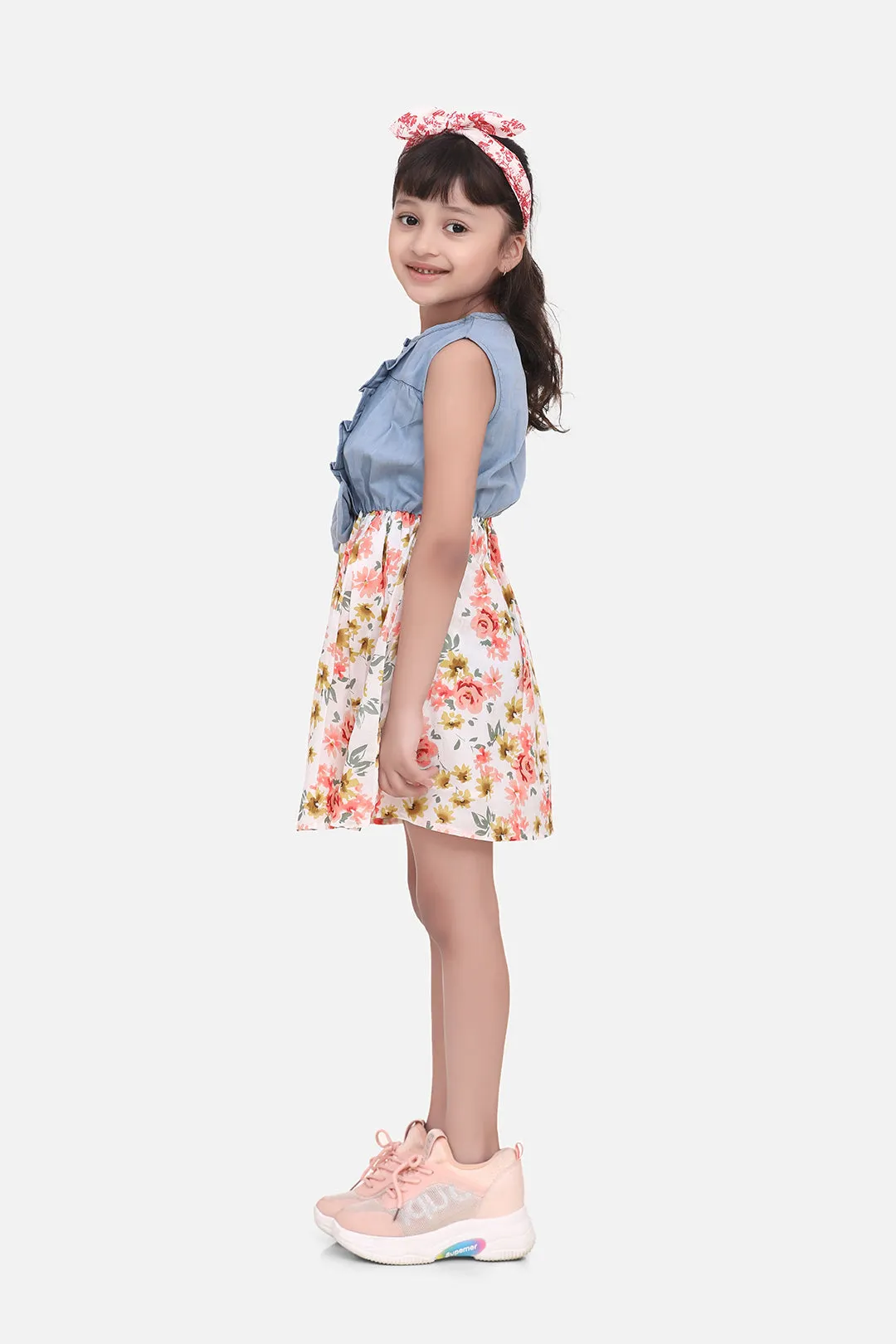 Girl's Denim Dress With Floral Skirt - Stylestone Kid