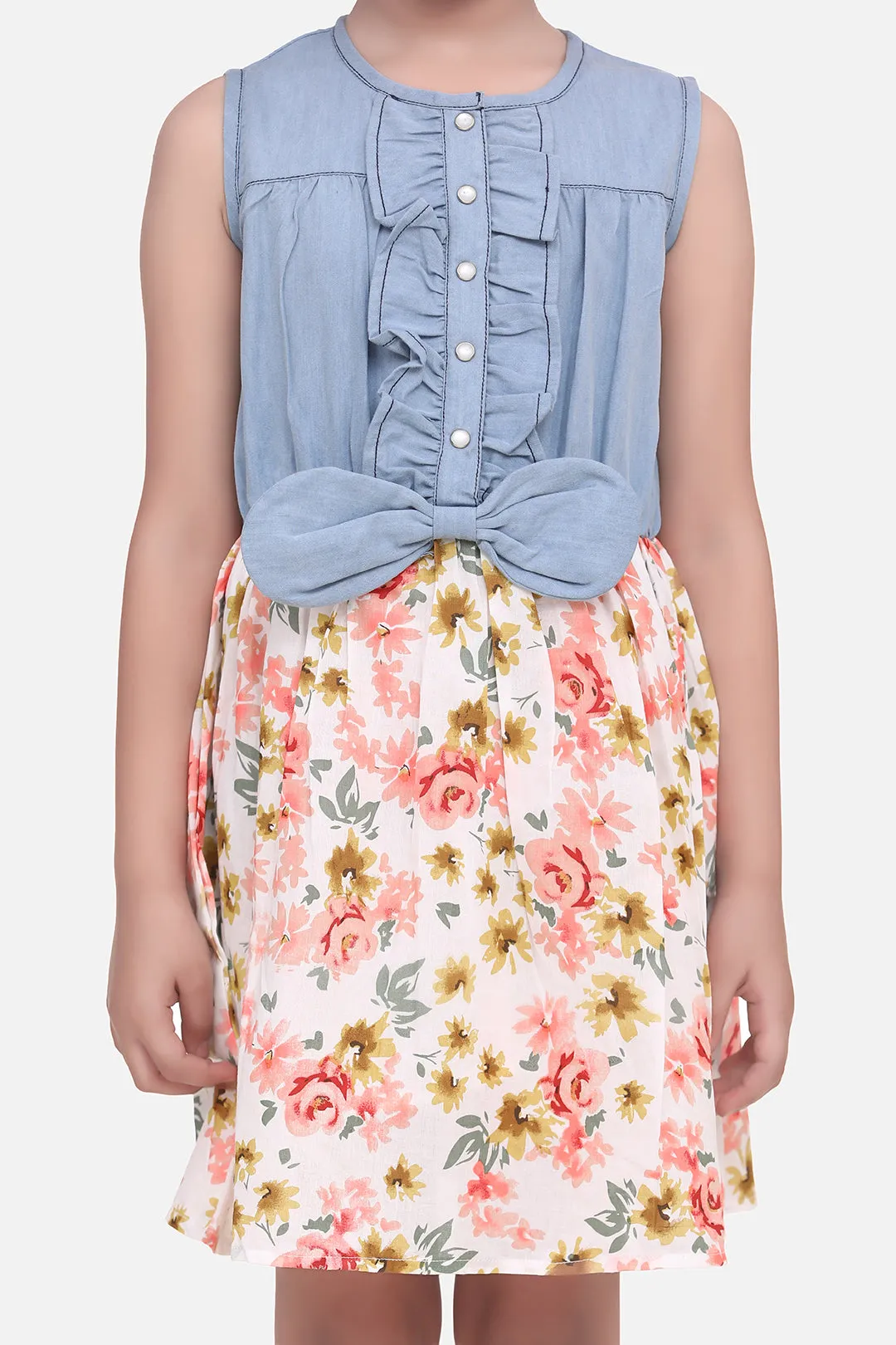 Girl's Denim Dress With Floral Skirt - Stylestone Kid