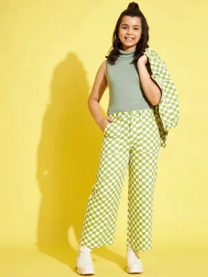 Girls Green & White Geometric Twill Straight Pants - Lyush Kids