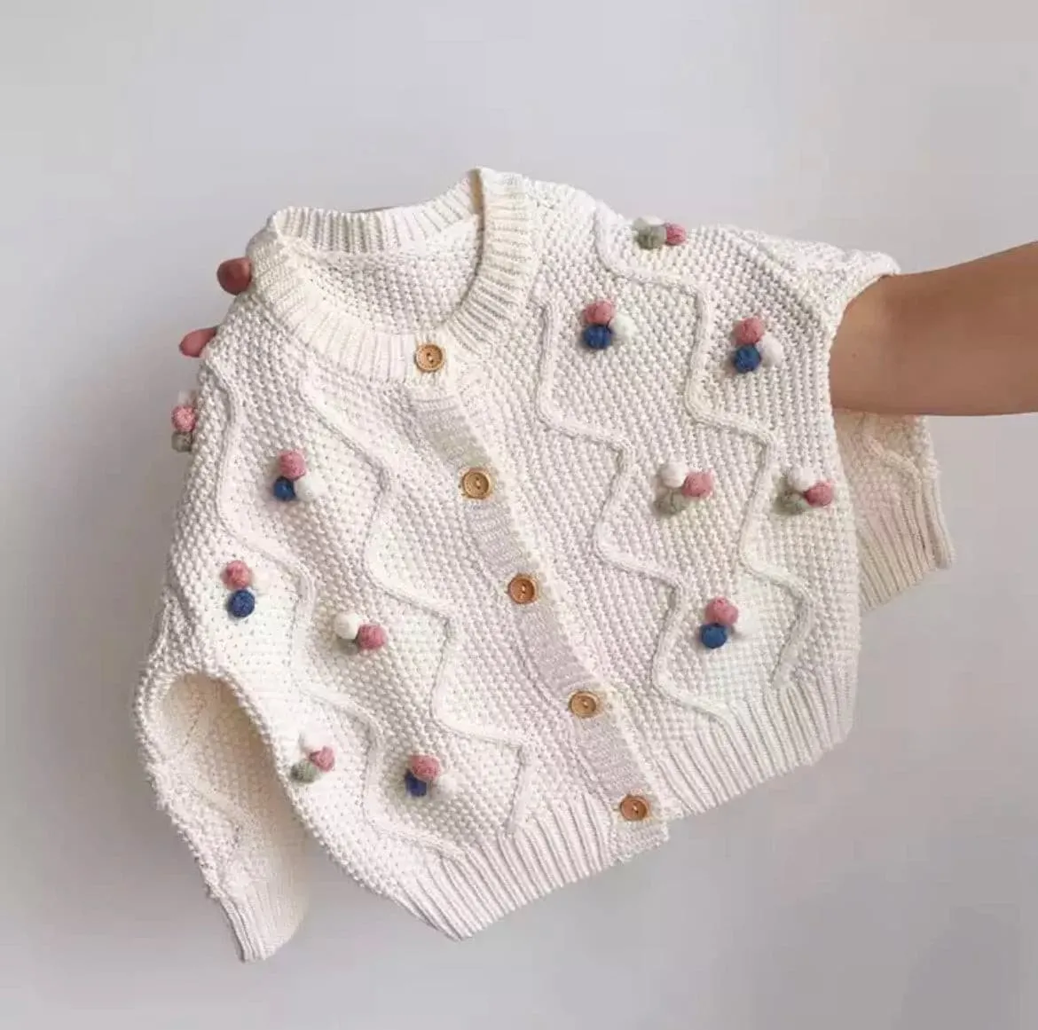 Girls Pom Pom Knitted Cardigan - Ivory Multi