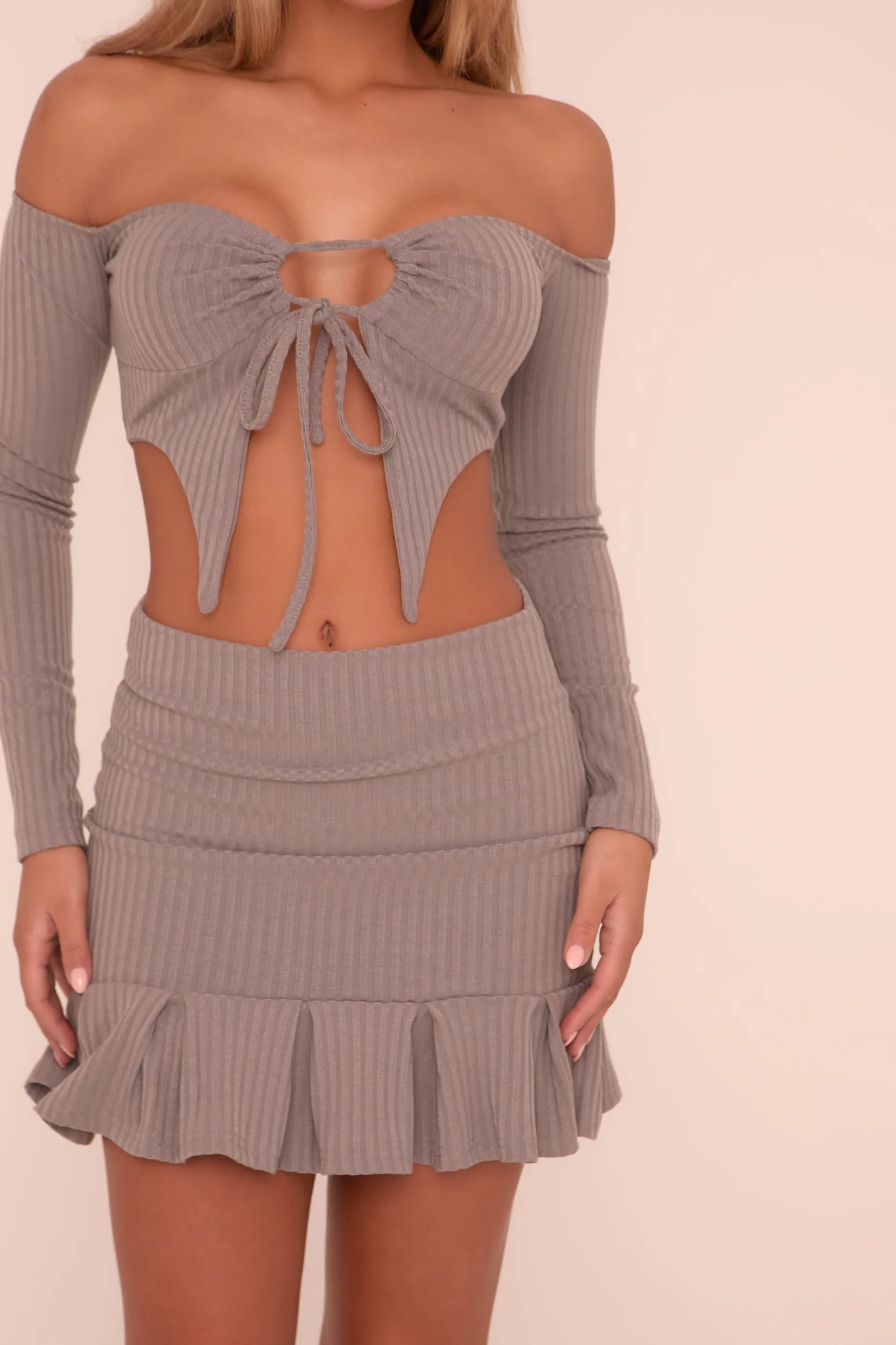 Grey Rib Knit Bardot Cropped Top & Pleat Detail Mini Skirt Co-ord Set - Yancy