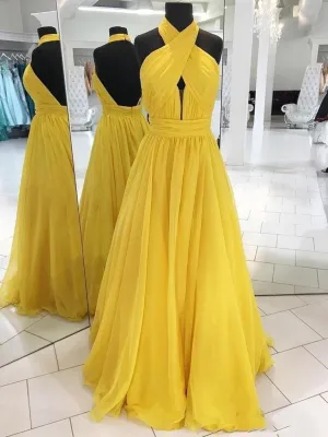 Halter Neck Backless Yellow Long Prom Dresses, Open Back Yellow Formal Dresses, Yellow Evening Dresses